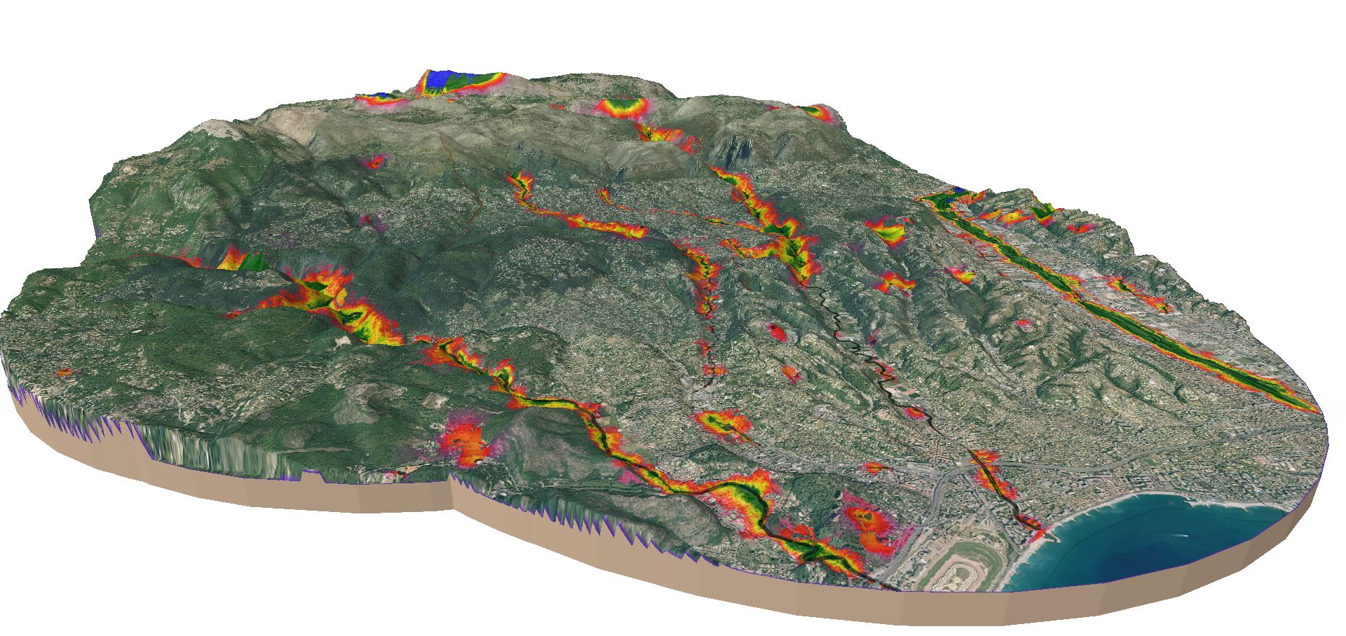 Vue 3D de la fonctionnalité du réseau  écologique des milieux humides de la ville de Vence réalisée avec EcoNet